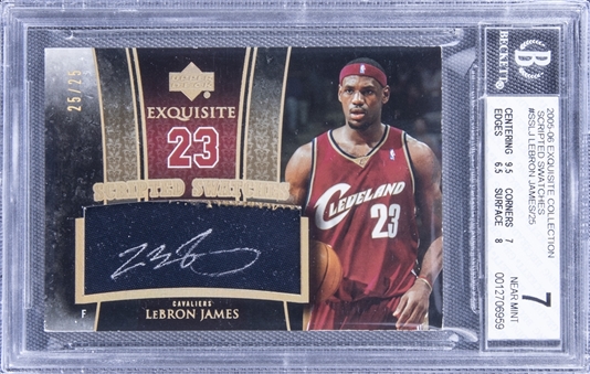 2005-06 UD "Exquisite Collection" Scripted Swatches #SSLJ LeBron James Signed Game Used Patch Card (#25/25) - BGS NM 7/BGS 10